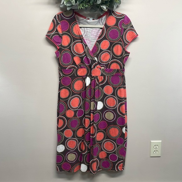 Boden Cap Sleeve Faux Wrap V-Neck Jersey Knit Dress Multicolor Circle Print 10R - Picture 1 of 15